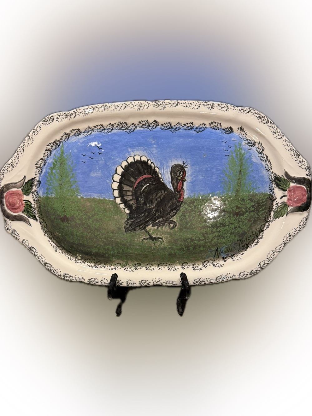 Hand-Painted Erwin TN Ceramic Turkey Serving Platter Signed Naomi F Tolley.